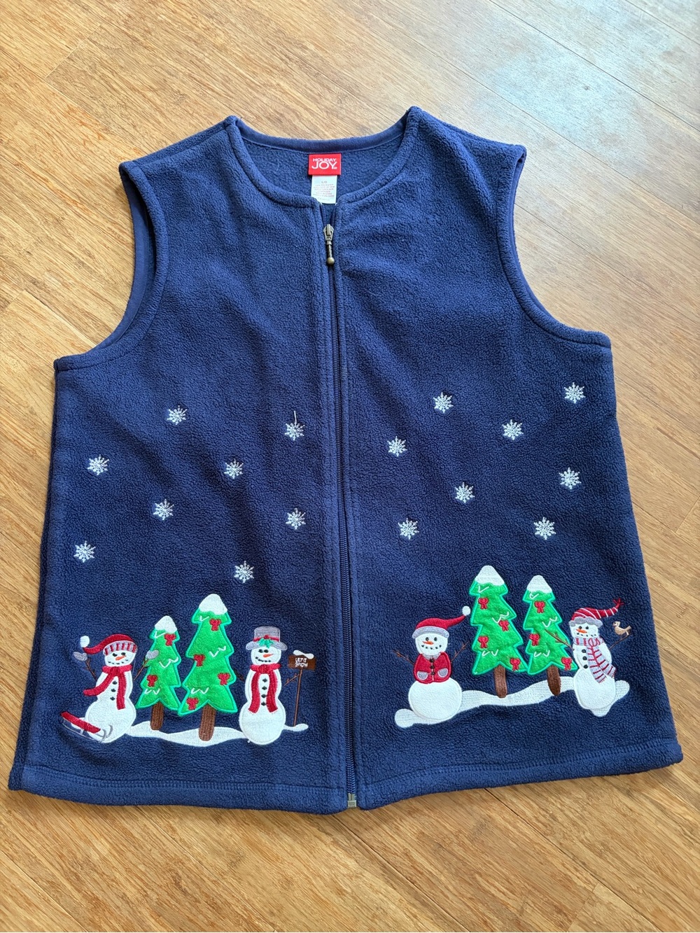 Joy Fleece Holiday Snowman Vest - Navy with Appliqué Trees